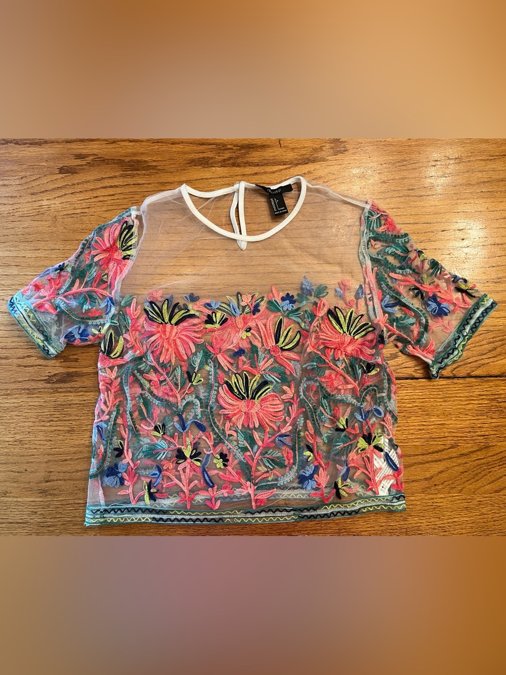 Forever 21 Sheer Floral Embroidered Crop Top - Pink, Green, Blue Sz L